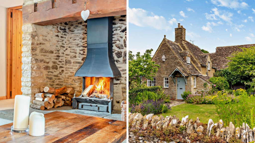 Open fire and traditional Cottage exterior from a Cotswold rental